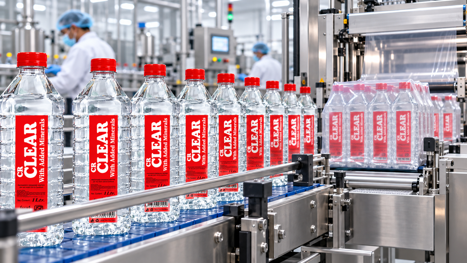 CR clear high-speed automated cleanroom bottling conveyor line with automated shrink packaging